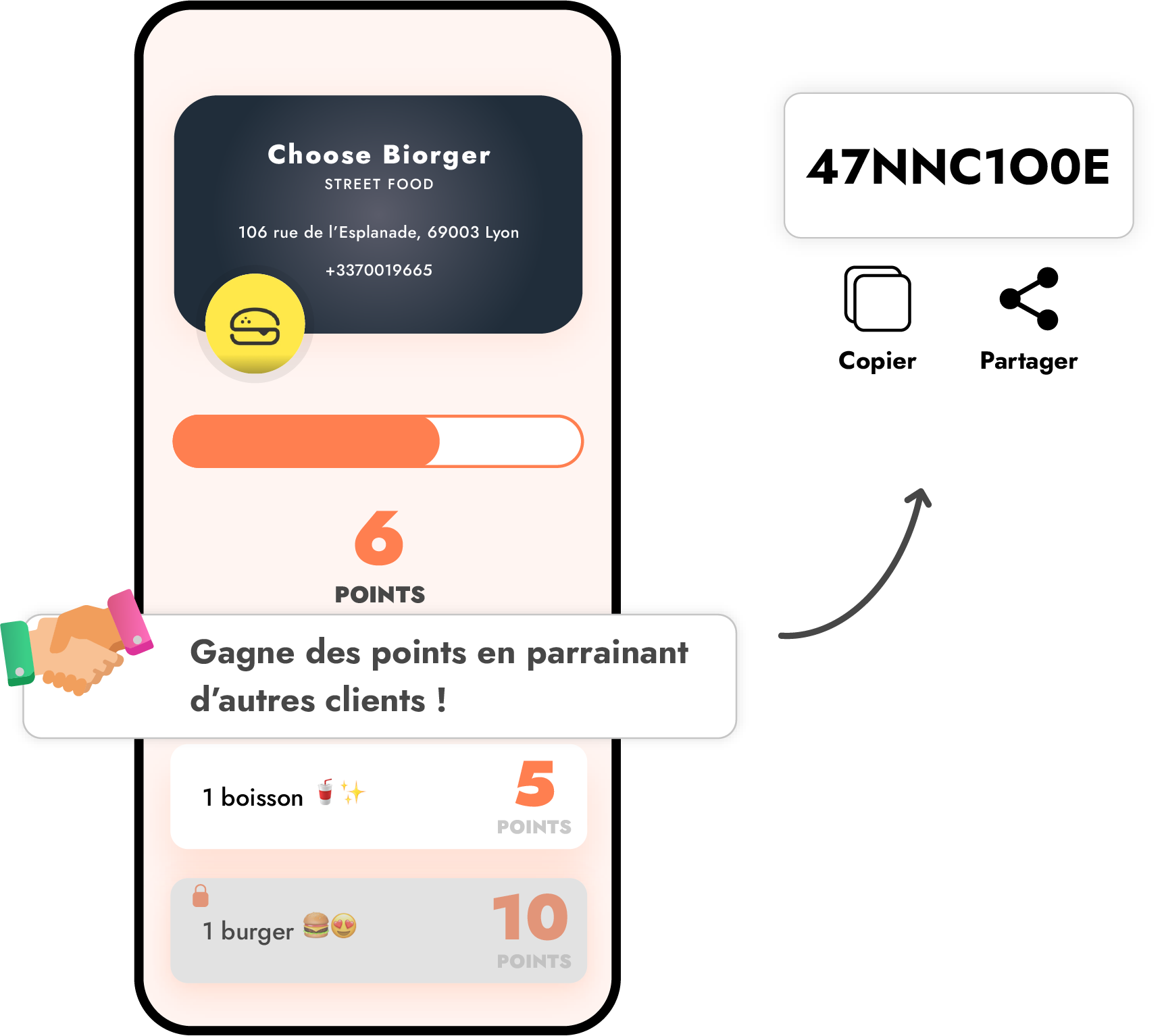Le parrain accède à son code de parrainage et le partage à ses proches