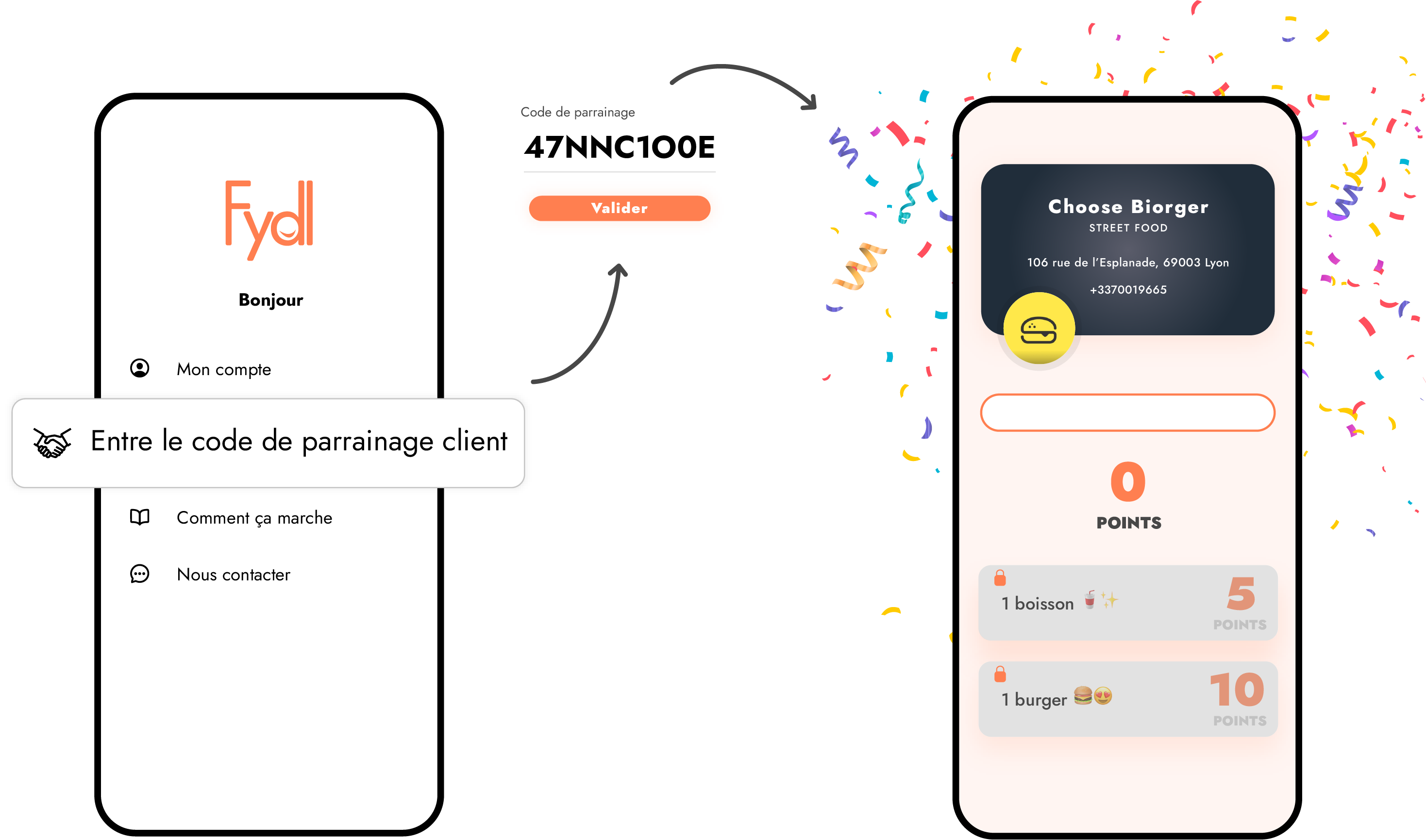Le nouveau client parrainé renseigne le code et obtient la carte de fidélité